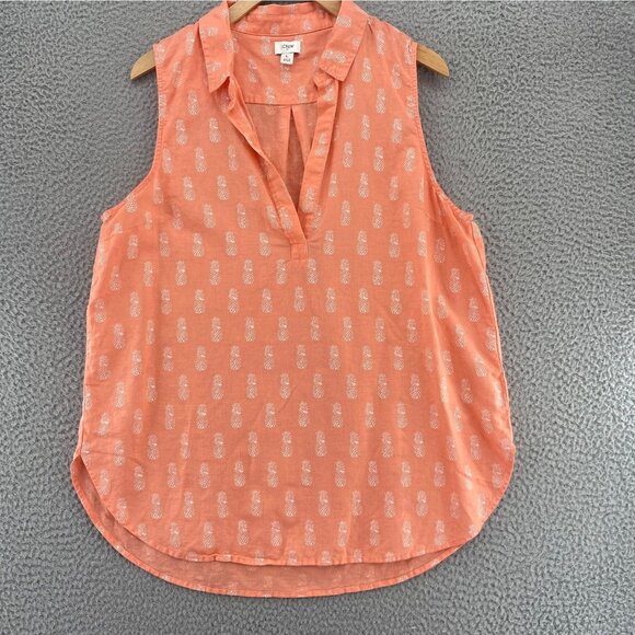 J Crew Top Womens Large Coral Pineapple Print Linen Blend Sleeveless Collared - Picture 1 of 9